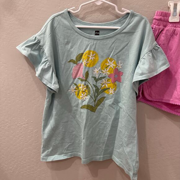 Tea Collection Lemon Floral Ruffle Shirt & Pink Pom Shorts Outfit - Picture 2 of 12